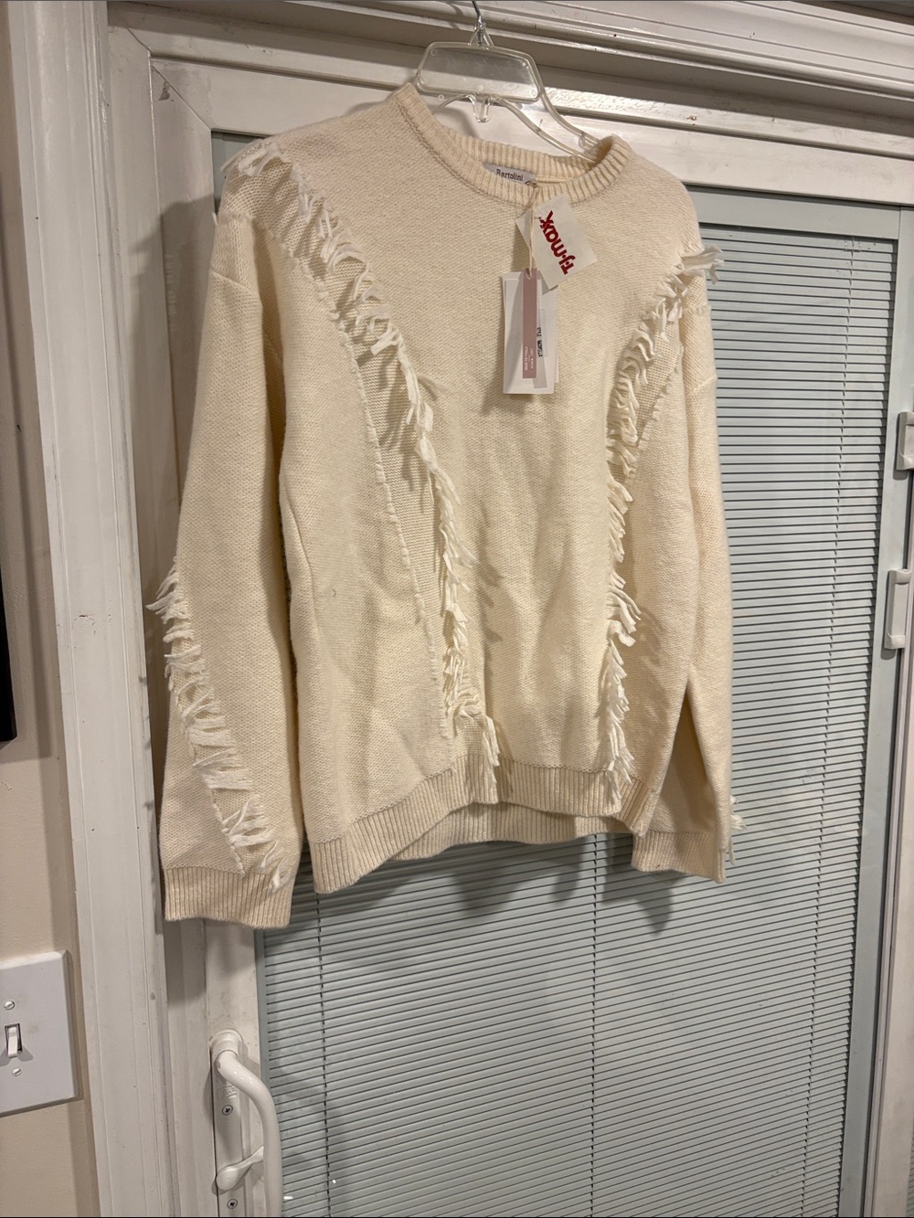 Fringe-Detail Crewneck Sweater in Cream